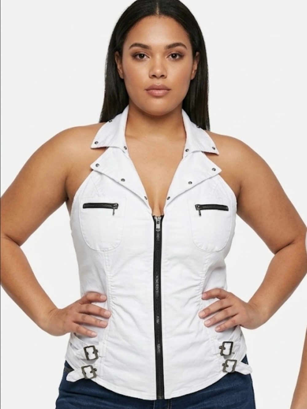 Lydia USA White Moto Halter Top – Size 3XL | Zip Front & Buckle Detail